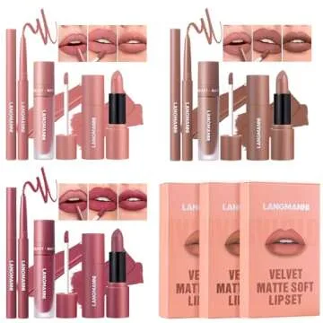 LANGMANNI 3 in 1 Matte Velvet Lipstick Set-Lip Liner,Lip Gloss and Lipstick Combo,Perfect for Natura...