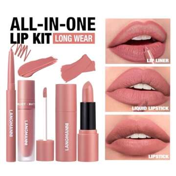 LANGMANNI 3 in 1 Matte Velvet Lipstick Set-Lip Liner,Lip Gloss and Lipstick Combo,Perfect for Natural Lip Contour,Waterproof And Longlasting Effect Lip Makeup,Unique Festival Gift (#01+03+05)