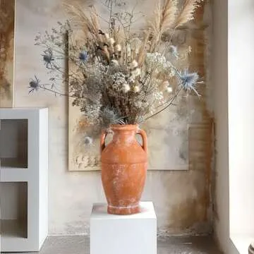 ComSaf Terracotta Rustic Vase - Farmhouse Ceramic Flower Vases, Vintage Home Decoration Vase, Clay Vase, Vase Centerpiece for Table, Vase for Living Room, Bathroom, Shelf Decor, 8.6 Inch, Terracotta