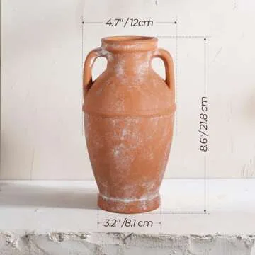 ComSaf Terracotta Rustic Vase - Farmhouse Ceramic Flower Vases, Vintage Home Decoration Vase, Clay Vase, Vase Centerpiece for Table, Vase for Living Room, Bathroom, Shelf Decor, 8.6 Inch, Terracotta