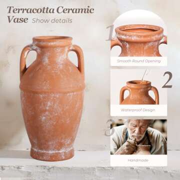 ComSaf Terracotta Rustic Vase - Farmhouse Ceramic Flower Vases, Vintage Home Decoration Vase, Clay Vase, Vase Centerpiece for Table, Vase for Living Room, Bathroom, Shelf Decor, 8.6 Inch, Terracotta