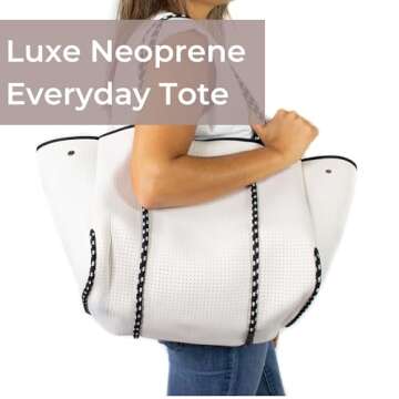 POPUPS Large Neoprene Tote Bag for Women - Everyday Designer Handbag for Travel Work and Beach with ...