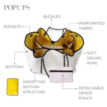 POPUPS Large Neoprene Tote Bag for Women - Everyday Designer Handbag for Travel Work and Beach with Pockets and Zipper Pouch (White Yellow)