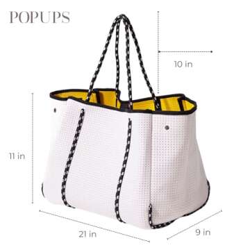 POPUPS Large Neoprene Tote Bag for Women - Everyday Designer Handbag for Travel Work and Beach with Pockets and Zipper Pouch (White Yellow)