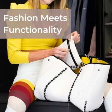 POPUPS Large Neoprene Tote Bag for Women - Everyday Designer Handbag for Travel Work and Beach with Pockets and Zipper Pouch (White Yellow)