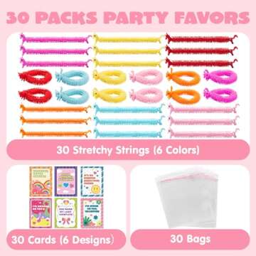 JOYIN 30 Pack Valentine's Day Gift Cards with Multi-color Stretchy String Toys Set, Unicorn Noodle Toys, Stress Relief Fidget Toys for Kids Valentine Party Favors, Classroom Gift Exchange, Game Prize