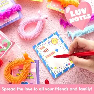 JOYIN 30 Pack Valentine's Day Gift Cards with Multi-color Stretchy String Toys Set, Unicorn Noodle Toys, Stress Relief Fidget Toys for Kids Valentine Party Favors, Classroom Gift Exchange, Game Prize