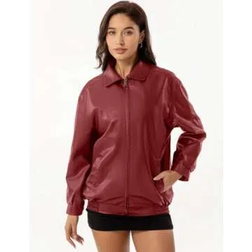 APRROOT Red Leather Jacket Women Oversized Burgundy Faux Bomber Jackets Zip Up Motorcycle Coats Fall Fashion Outfits 2024 with Pocket Wine Red S
