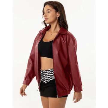 APRROOT Red Leather Jacket Women Oversized Burgundy Faux Bomber Jackets Zip Up Motorcycle Coats Fall Fashion Outfits 2024 with Pocket Wine Red S