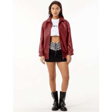 APRROOT Red Leather Jacket Women Oversized Burgundy Faux Bomber Jackets Zip Up Motorcycle Coats Fall Fashion Outfits 2024 with Pocket Wine Red S