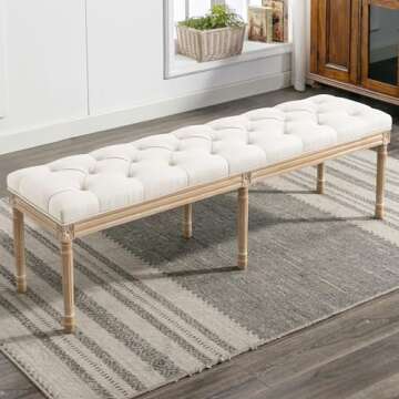 LUE BONA 60" Bedroom Bench, Vintage French Tufted End of Bed Bench, Upholstered Fabric Ottoman Bench...