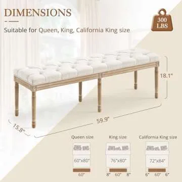 LUE BONA 60" Bedroom Bench, Vintage French Tufted End of Bed Bench, Upholstered Fabric Ottoman Bench with Carved Wood Legs for Bedroom,Dining Bench Piano Stool for Living Room,Foyer, Beige