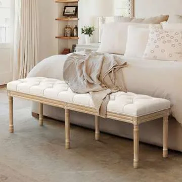 LUE BONA 60" Bedroom Bench, Vintage French Tufted End of Bed Bench, Upholstered Fabric Ottoman Bench with Carved Wood Legs for Bedroom,Dining Bench Piano Stool for Living Room,Foyer, Beige