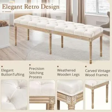LUE BONA 60" Bedroom Bench, Vintage French Tufted End of Bed Bench, Upholstered Fabric Ottoman Bench with Carved Wood Legs for Bedroom,Dining Bench Piano Stool for Living Room,Foyer, Beige