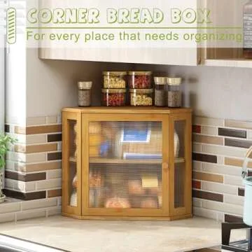 BMOSU Corner Bread Box for Kitchen Countertop Double Layer Bamboo Wooden Bread box Large Capacity Bread Storage Bin(Natural, Medium)