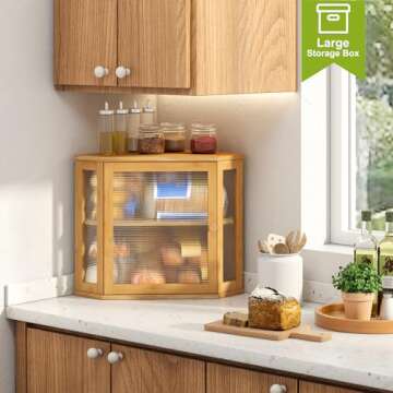 BMOSU Corner Bread Box for Kitchen Countertop Double Layer Bamboo Wooden Bread box Large Capacity Bread Storage Bin(Natural, Medium)