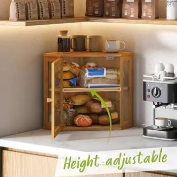 BMOSU Corner Bread Box for Kitchen Countertop Double Layer Bamboo Wooden Bread box Large Capacity Bread Storage Bin(Natural, Medium)