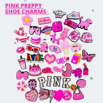 Awzulo Pink Preppy Shoe Charms for Girls Women, Aesthetic Shoe Decoration Charms for Clog Slides Sandals, Pink Party Favors