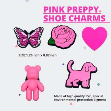 Awzulo Pink Preppy Shoe Charms for Girls Women, Aesthetic Shoe Decoration Charms for Clog Slides Sandals, Pink Party Favors