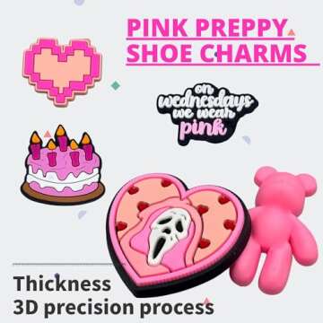 Awzulo Pink Preppy Shoe Charms for Girls Women, Aesthetic Shoe Decoration Charms for Clog Slides Sandals, Pink Party Favors