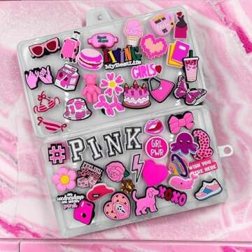 Awzulo Pink Preppy Shoe Charms for Girls Women, Aesthetic Shoe Decoration Charms for Clog Slides Sandals, Pink Party Favors