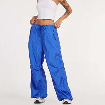 WOBONIU Women Low Waist Baggy Cargo Pants Indie Aesthetic Drawstring Loose Pocket Jogger Trousers Hippie Punk Streetwear(Blue, Large)