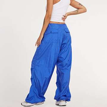 WOBONIU Women Low Waist Baggy Cargo Pants Indie Aesthetic Drawstring Loose Pocket Jogger Trousers Hippie Punk Streetwear(Blue, Large)