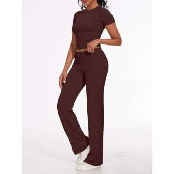 AnotherChill Women's 2 Piece Lounge Sets Straight Leg Pants Set Short Sleeve Crop T-shirt Casual Outfits Comfy Loungewear (Chocolate, X-Small)
