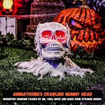 Halloween Animatronics Crawling Mummy Head - Animated Scary Talking Decoration with Sound & Sensor Activated, Creepy Voice, Spooky Move, Light-Up Eyes, Haunted Horror Prop for Indoor, Outdoor