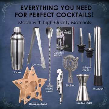 Quilamix 11-Piece Cocktail Shaker Set, 750 ml Stainless Steel Bartender Set with Bamboo Stand for Mixed Drinks, Gift for Friends, Men, Women, with Recipe Book (Stainless Steel)