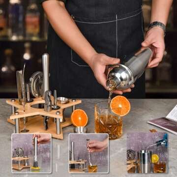 Quilamix 11-Piece Cocktail Shaker Set, 750 ml Stainless Steel Bartender Set with Bamboo Stand for Mixed Drinks, Gift for Friends, Men, Women, with Recipe Book (Stainless Steel)