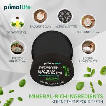Primal Life Organics - Dirty Mouth Toothpowder, Activated Charcoal Tooth Cleaning Powder, Essential Oils with Kaolin & Bentonite Clay, 200+ Brushings, Organic, Vegan (Black Spearmint, 0.25 oz)
