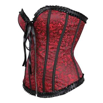 frawirshau Women's Lace Up Boned Overbust Corset Top Bustier Zipper Corsets for Women Plus Size Red M