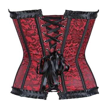 frawirshau Women's Lace Up Boned Overbust Corset Top Bustier Zipper Corsets for Women Plus Size Red M