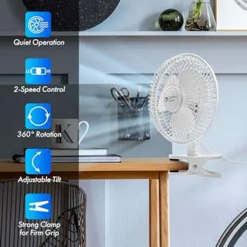 Comfort Zone Portable Clip on Fan with Fully Adjustable Tilt, Electric, 6 inch, Quiet, Indoor, 2 Speed, Mini Desk Fan, Table Fan, Airflow 6.53 ft/sec, Ideal for Home, Bedroom, Dorm & Office, CZ6C