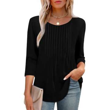 XIEERDUO Tunic Tops for Women Loose Fit Casual 3/4 Length Sleeve Crewneck Pleated Shirts Trendy Work Blouses Beach Vacation Essentials A-Black S