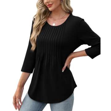XIEERDUO Tunic Tops for Women Loose Fit Casual 3/4 Length Sleeve Crewneck Pleated Shirts Trendy Work Blouses Beach Vacation Essentials A-Black S