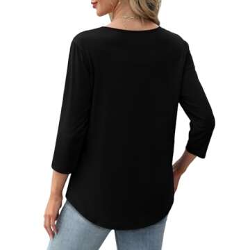 XIEERDUO Tunic Tops for Women Loose Fit Casual 3/4 Length Sleeve Crewneck Pleated Shirts Trendy Work Blouses Beach Vacation Essentials A-Black S