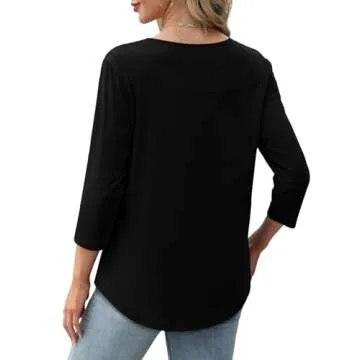 XIEERDUO Tunic Tops for Women Loose Fit Casual 3/4 Length Sleeve Crewneck Pleated Shirts Trendy Work Blouses Beach Vacation Essentials A-Black S