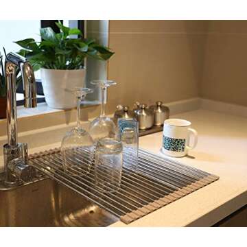 Ahyuan Roll up Dish Drying Rack Over The Sink Kitchen Roll up Sink Drying Rack Portable Dish Drainer Foldable Dish Drying Rack (Warm Gray, 17.8''X14'')