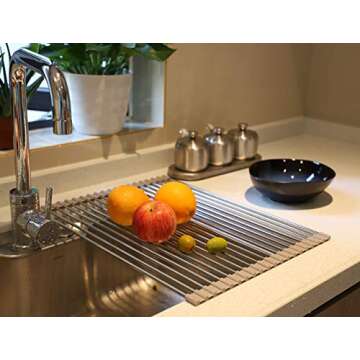 Ahyuan Roll up Dish Drying Rack Over The Sink Kitchen Roll up Sink Drying Rack Portable Dish Drainer Foldable Dish Drying Rack (Warm Gray, 17.8''X14'')