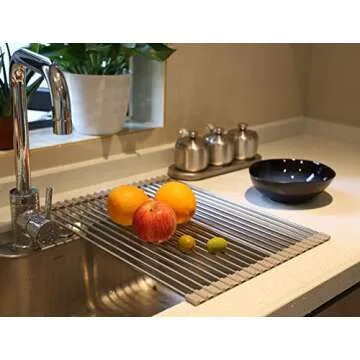 Ahyuan Roll up Dish Drying Rack Over The Sink Kitchen Roll up Sink Drying Rack Portable Dish Drainer Foldable Dish Drying Rack (Warm Gray, 17.8''X14'')