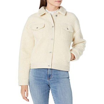Goodthreads Women's Sherpa Relaxed Fit Long Sleeve Trucker Jacket, Off White, Small