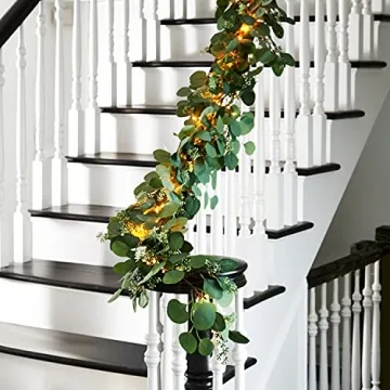 LampLust Faux Eucalyptus Garland with Lights, 6 FT Greenery Garland, 120 LED Lights, Battery Powered Ivy Garland, Greenery Garlands for Table Mantle, Spring Garland, Farmhouse Decor, Spring Home Décor