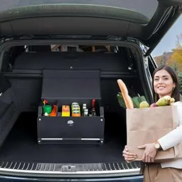 XCF Trunk Organizer for SUV, Foldable Leather Car Trunk Organizer with Lid and Sturdy Handle, Collapsible Adjustable Storage Compartment for Men/Women (11.4 x 20.5 x 12.2, Black)