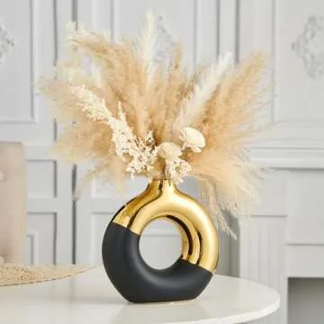 Ceramic Donut Vase, 8" L x 8" H Black and Gold Large Vase for Pampas Grass, Modern Vases for Decor, ...