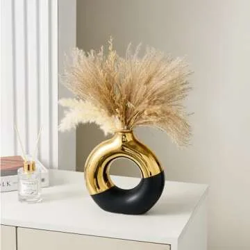 Ceramic Donut Vase, 8" L x 8" H Black and Gold Large Vase for Pampas Grass, Modern Vases for Decor, Gold Vase Centerpieces for Wedding Living Room Bedroom Coffee Table Office Home Decor Gifts