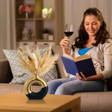 Ceramic Donut Vase, 8" L x 8" H Black and Gold Large Vase for Pampas Grass, Modern Vases for Decor, Gold Vase Centerpieces for Wedding Living Room Bedroom Coffee Table Office Home Decor Gifts