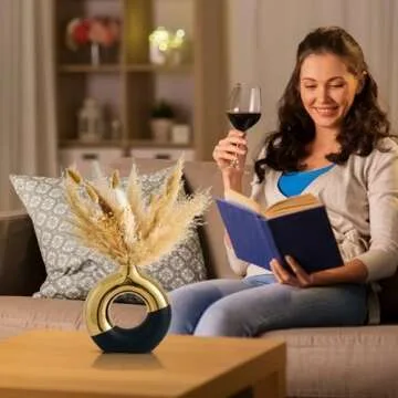 Ceramic Donut Vase, 8" L x 8" H Black and Gold Large Vase for Pampas Grass, Modern Vases for Decor, Gold Vase Centerpieces for Wedding Living Room Bedroom Coffee Table Office Home Decor Gifts