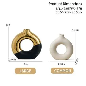 Ceramic Donut Vase, 8" L x 8" H Black and Gold Large Vase for Pampas Grass, Modern Vases for Decor, Gold Vase Centerpieces for Wedding Living Room Bedroom Coffee Table Office Home Decor Gifts